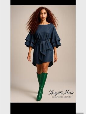 Navy Ruffle-Sleeve Tie-Waist Dress